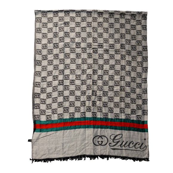 Gucci Black Gray GG Logo Print Red & Green Stripe Cashmere Silk Scarf Pre-owned - Picture 8 of 16